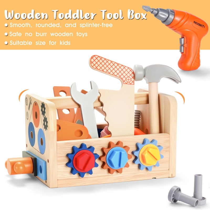 REXBETI REXBETI Kids Tool Set  43Pcs Wooden Toddler Tool Bench with Electric Drill  Apron and A Pack Stickers(50pcs)  Montessori Construction Toddler Tool Set  - Image 2