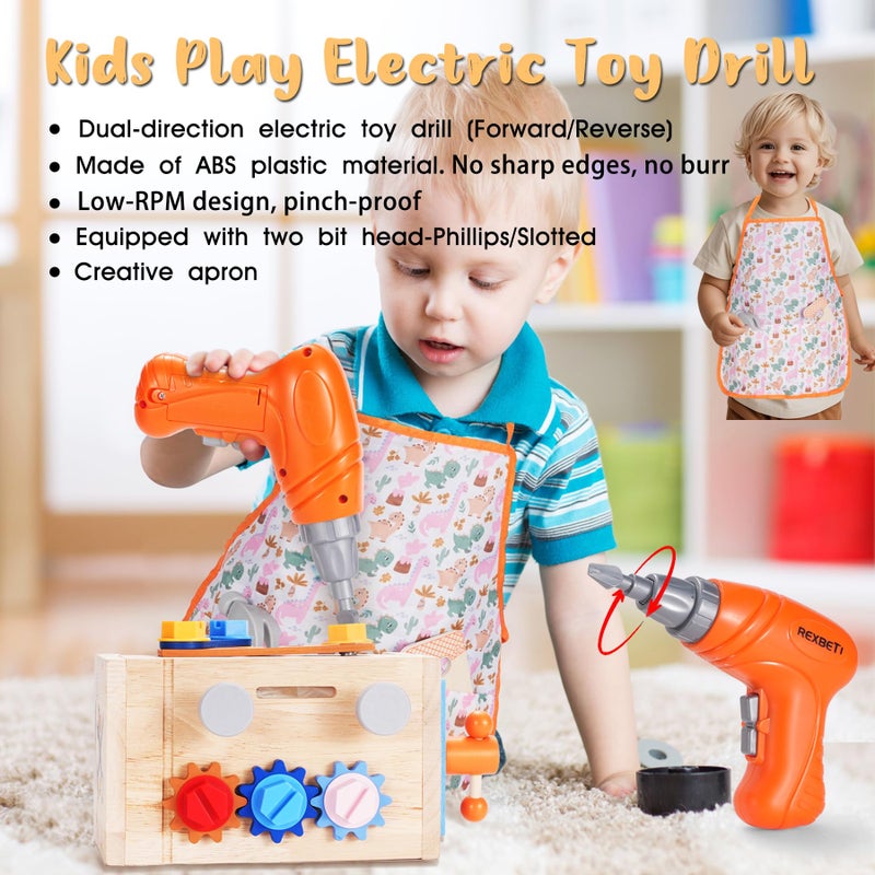 REXBETI REXBETI Kids Tool Set  43Pcs Wooden Toddler Tool Bench with Electric Drill  Apron and A Pack Stickers(50pcs)  Montessori Construction Toddler Tool Set  - Image 4