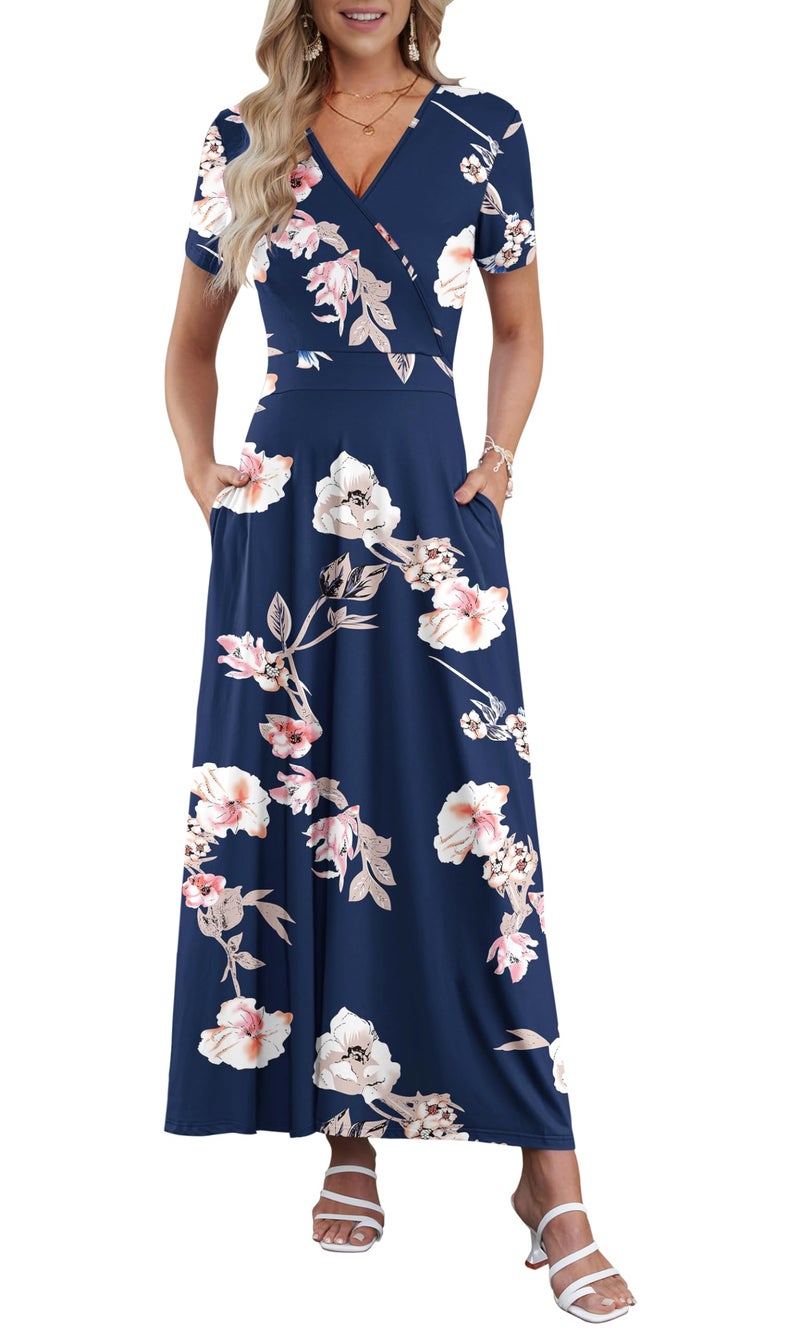 AUSELILY Maxi Dresses for Women Ankle Length Floral Print Beach Long Flowy Dress with Pockets New Flower Blue M - Image 1