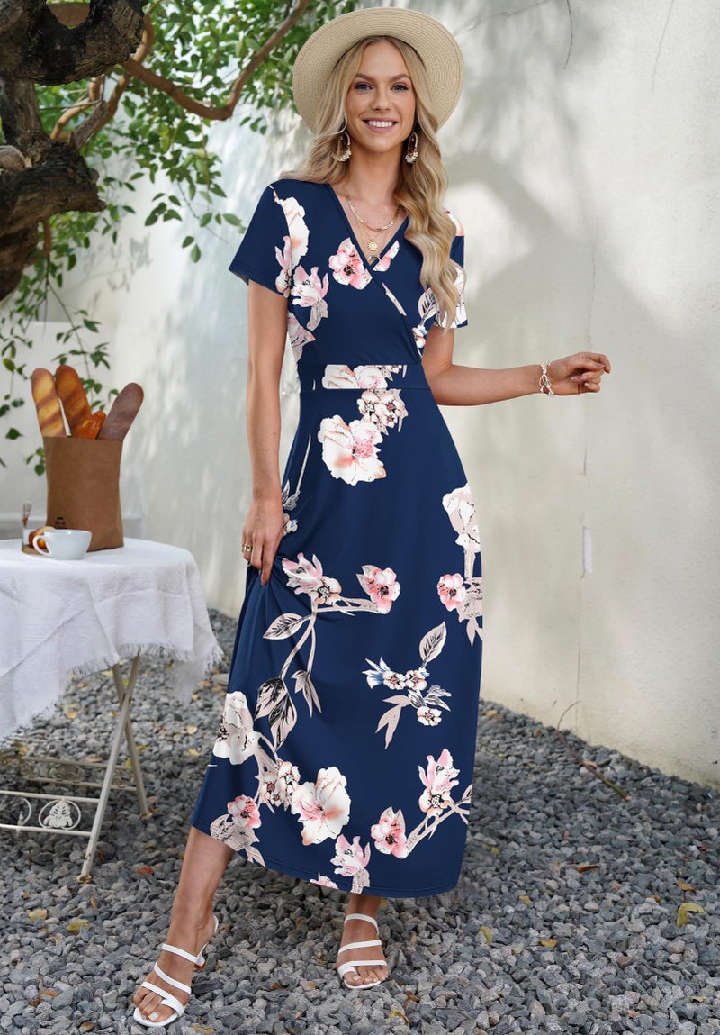 AUSELILY Maxi Dresses for Women Ankle Length Floral Print Beach Long Flowy Dress with Pockets New Flower Blue M - Image 4