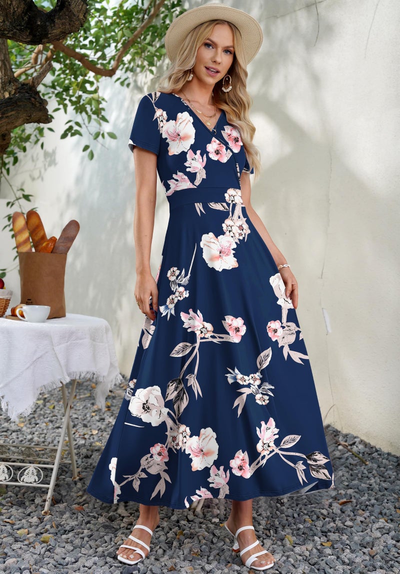 AUSELILY Maxi Dresses for Women Ankle Length Floral Print Beach Long Flowy Dress with Pockets New Flower Blue M - Image 3