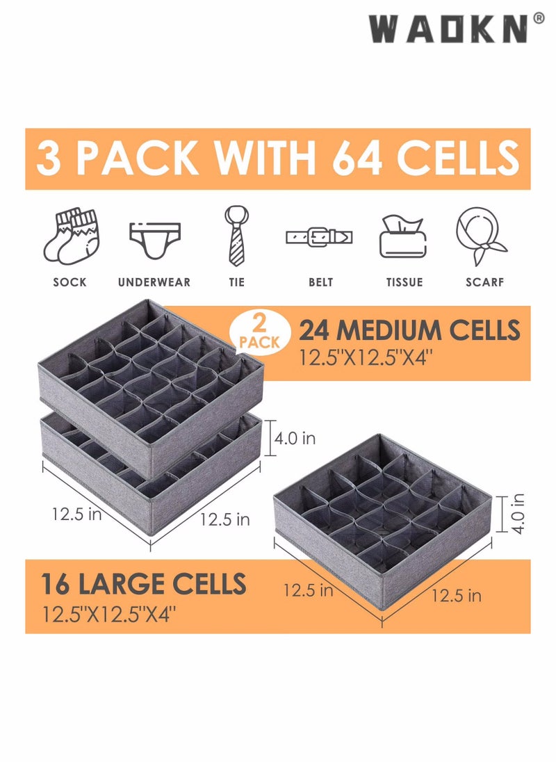 WAOKN 3 Pack Sock Underwear Organizer Dividers, 64 Cell Drawer Organizers Fabric Foldable Cabinet Closet Organizers and Storage Boxes for Storing Socks, Underwear, Ties (16+24+24 Cell, Gray)  - Image 2