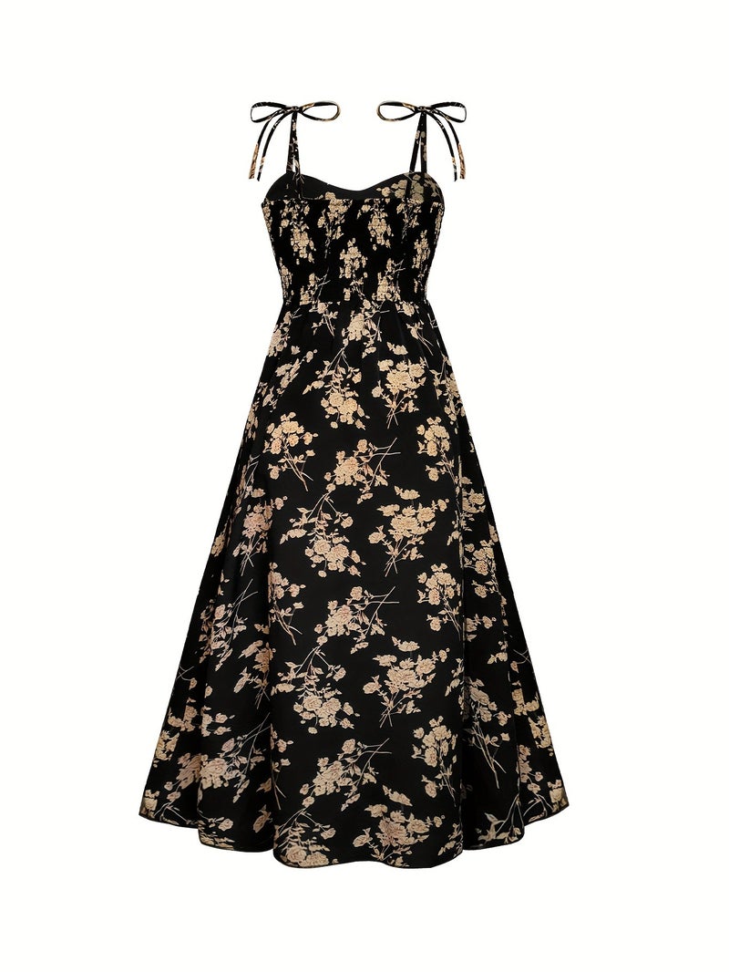 Fashionable Women'S Floral A-Line Dress with a Split Hem, Thin Shoulder Straps, And a Bow Tie Detail - Image 2