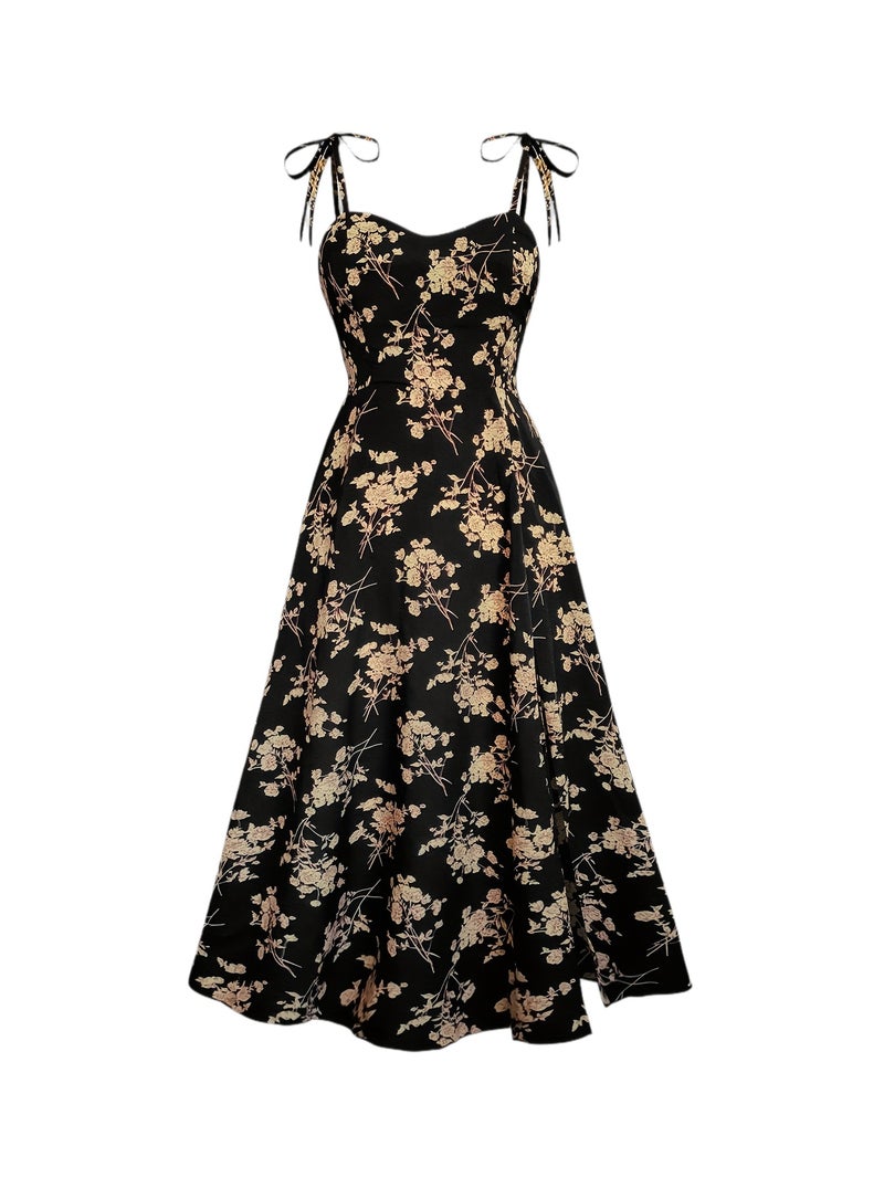 Fashionable Women'S Floral A-Line Dress with a Split Hem, Thin Shoulder Straps, And a Bow Tie Detail - Image 1