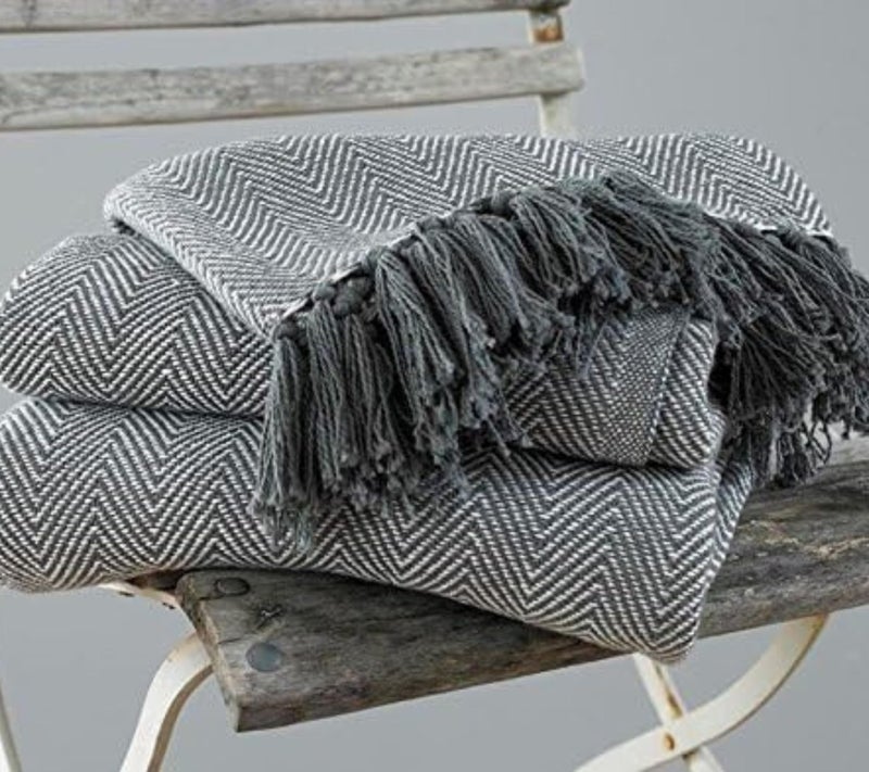EHC Herringbone Super King 100 Cotton Throw for Sofa Bedspread 250 x 380cm  Grey