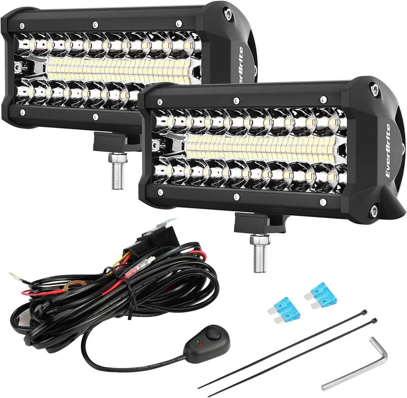 EverBrite 2PCS 7 Inch 150W LED Light Bar - Spot Flood Off Road Fog Driving Work Light with Wiring Harness Kit - Image 1