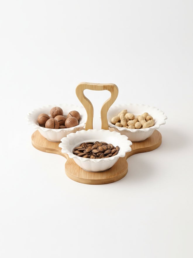 Shallow 3-Piece Porcelain Serving Bowls with Bamboo Stand, 15cm - Image 1