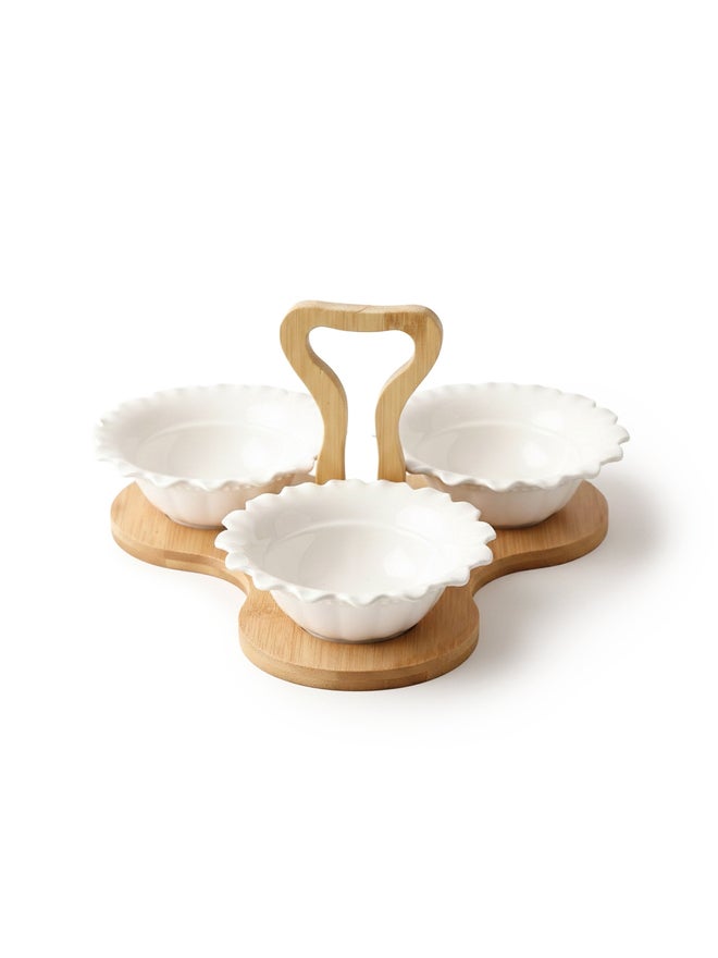 Shallow 3-Piece Porcelain Serving Bowls with Bamboo Stand, 15cm - Image 4