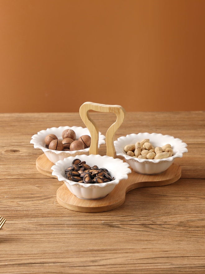Shallow 3-Piece Porcelain Serving Bowls with Bamboo Stand, 15cm - Image 3
