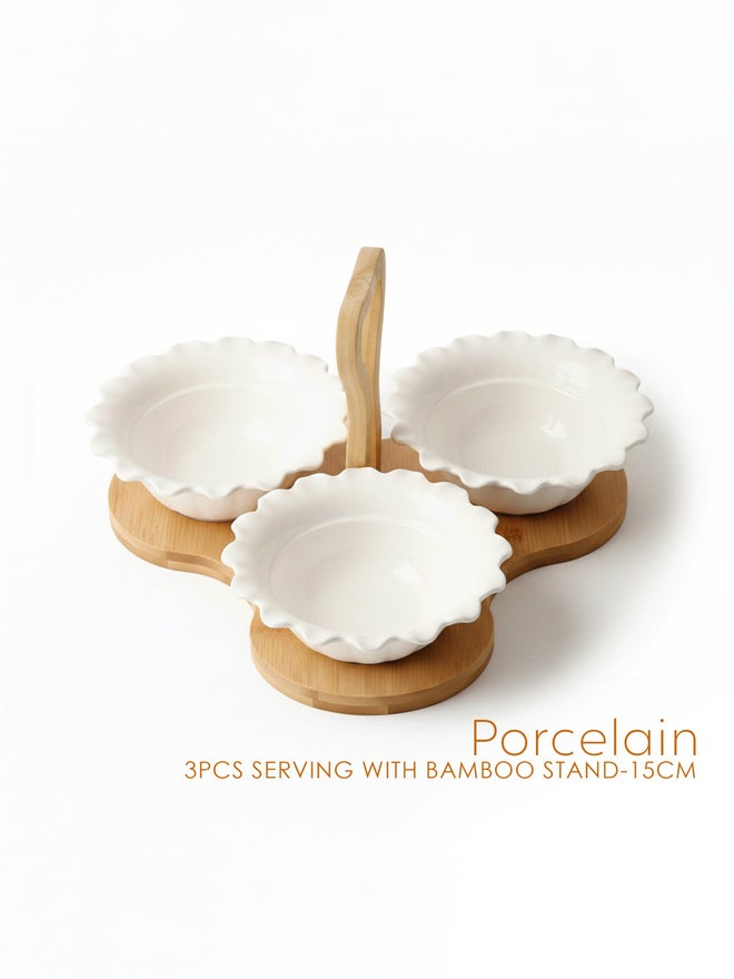 Shallow 3-Piece Porcelain Serving Bowls with Bamboo Stand, 15cm - Image 5