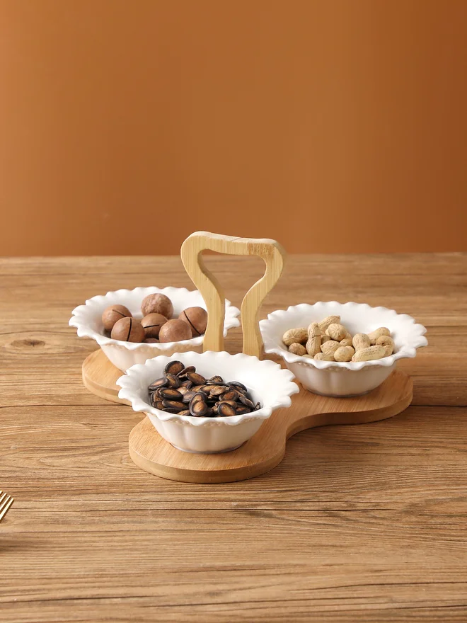 Shallow 3-Piece Porcelain Serving Bowls with Bamboo Stand, 15cm