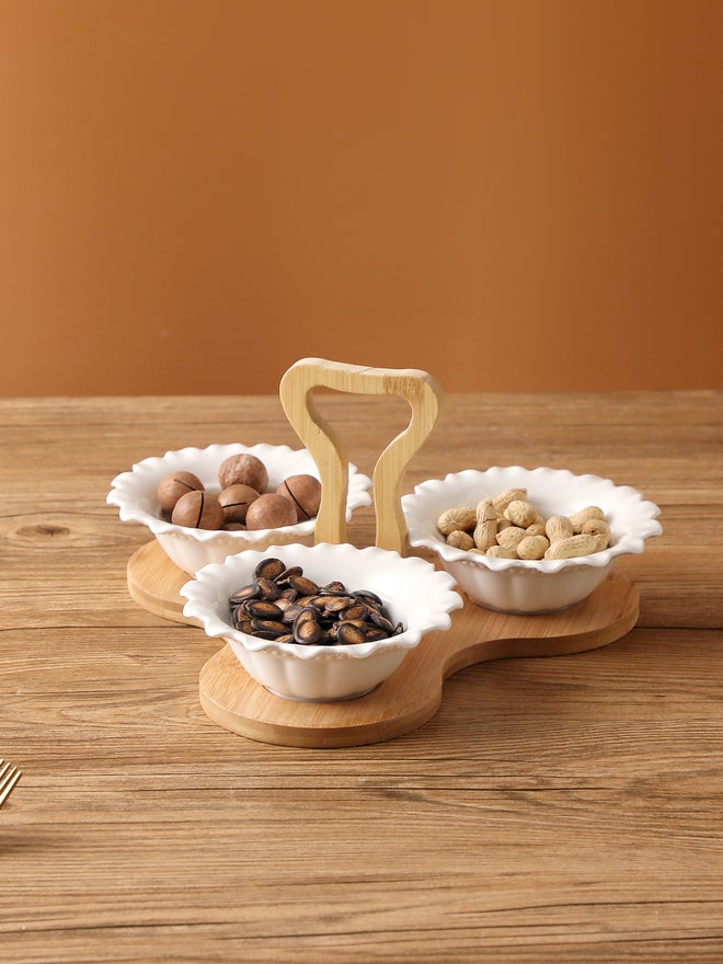 Shallow 3-Piece Porcelain Serving Bowls with Bamboo Stand, 15cm - Image 2