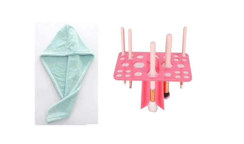 Generic MFH Hair Wrapper Dryer Soft Microfiber Turban Head Towel Cap for Women and 26 Hole Makeup Brush Drying Rack Organizer Cosmetic Brush Stand Shelf Makeup Brush Pack of 2 Combo Random Colour  - Image 1