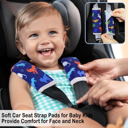 FIODAY Seat Belt Cover Pad for Baby, Soft Seatbelt Cushion Covers for Kids 2Pcs Car Seat Strap Shoulder Pads for All Car Seats, Stroller, High Chair,Blue Dinosaur - Image 3