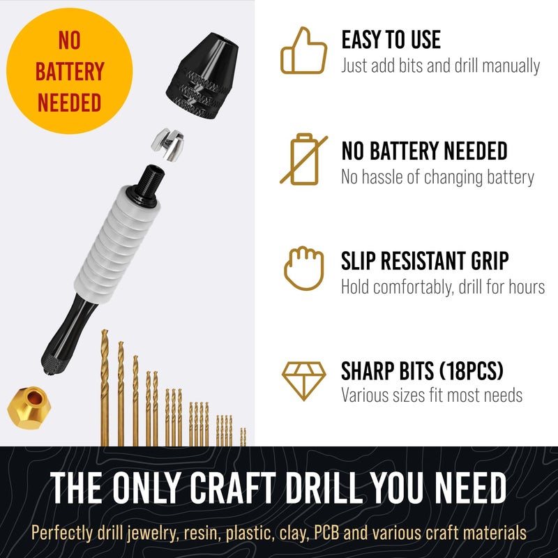 CRAFT911 مثقاب يدوي - مجوهرات مع رؤوس مثقاب دقيقة (0.8mm-2.5mm) - مثقاب دوار لصنع المجوهرات، الراتنج، الخشب، البلاستيك، النماذج، الخرز، الطين، إلخ - Image 2