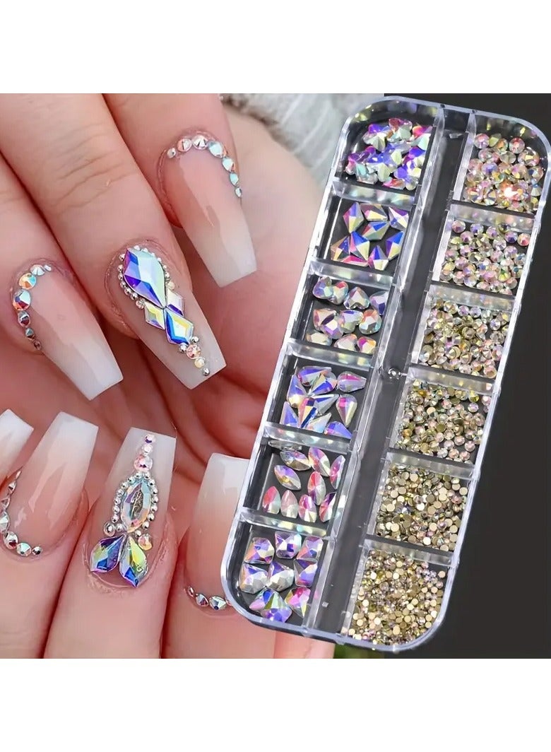 Rozino Vibrant 3D Crystal AB Nail Art Rhinestones - 12-Grid Mixed Shapes, Easy Apply & Long-Lasting Gems for DIY & Salon Designs - Image 1