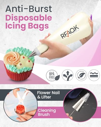 RFAQK 74 PCs Icing Piping Bags and Tips Set, Cake Decorating Kit with 48-Numbered Piping Tips, 20+1 Pastry Bags for Cookie Cupcake Cake Decoration, with Booklet and E-book (Pink) - Image 4