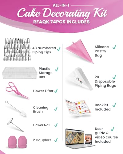 RFAQK 74 PCs Icing Piping Bags and Tips Set, Cake Decorating Kit with 48-Numbered Piping Tips, 20+1 Pastry Bags for Cookie Cupcake Cake Decoration, with Booklet and E-book (Pink) - Image 2