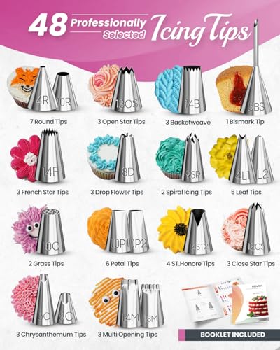 RFAQK 74 PCs Icing Piping Bags and Tips Set, Cake Decorating Kit with 48-Numbered Piping Tips, 20+1 Pastry Bags for Cookie Cupcake Cake Decoration, with Booklet and E-book (Pink) - Image 3