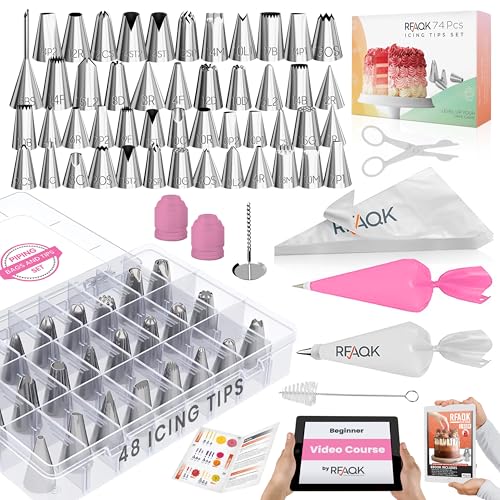 RFAQK 74 PCs Icing Piping Bags and Tips Set, Cake Decorating Kit with 48-Numbered Piping Tips, 20+1 Pastry Bags for Cookie Cupcake Cake Decoration, with Booklet and E-book (Pink) - Image 1