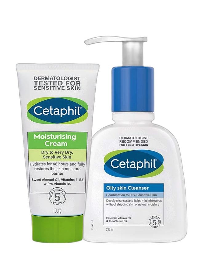 Cetaphil Oily Skin Cleanser, Face And Body Wash For Men And Women, Combination To Oily And Sensitive Skin, Unscented 236ml + Moisturizing Cream Dry To Very Dry, Sensitive Skin 100grams  - Image 1