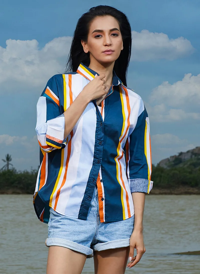 بينيا كولادا قميص مخطط باركود باللون الأزرق الداكن للسيدات