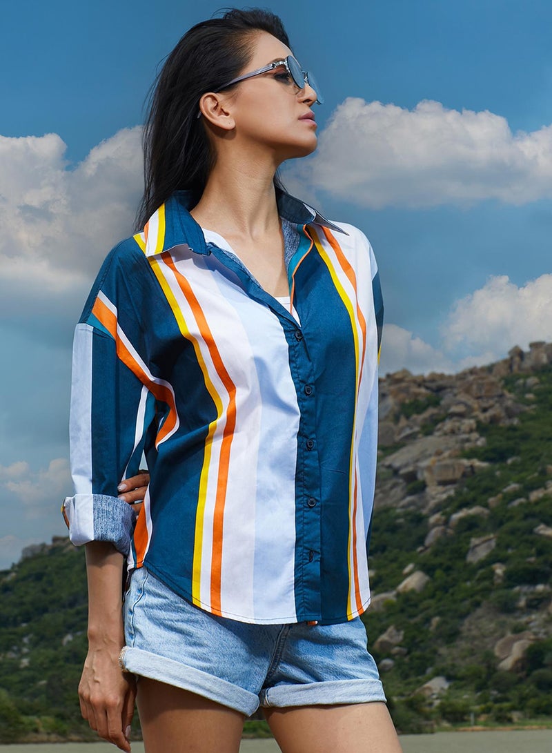 PINACOLADA Women's Navy Blue Barcode Striped Shirt - Image 1