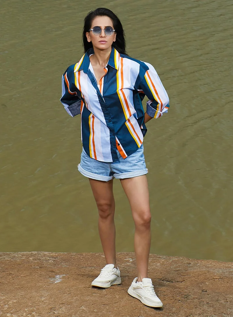 Pinacolada  Women's Navy Blue Barcode Striped Shirt for Women | Best Price UAE