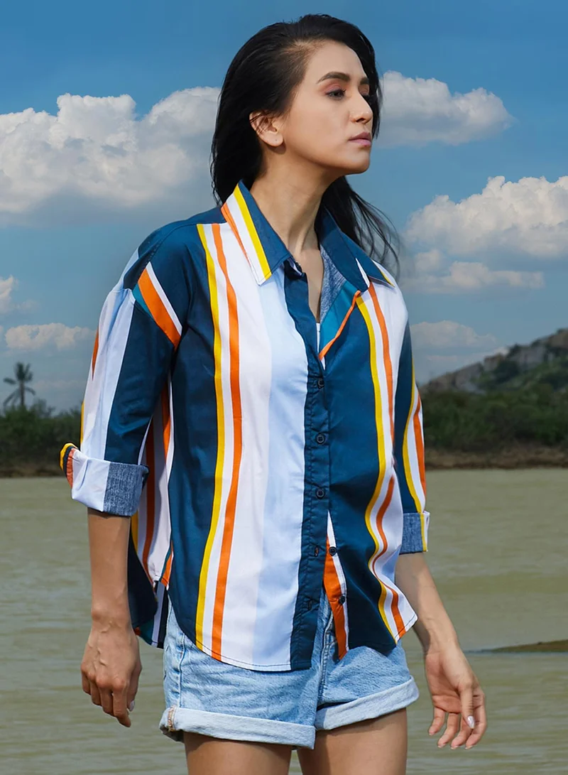 Pinacolada  Women's Navy Blue Barcode Striped Shirt for Women | Best Price UAE