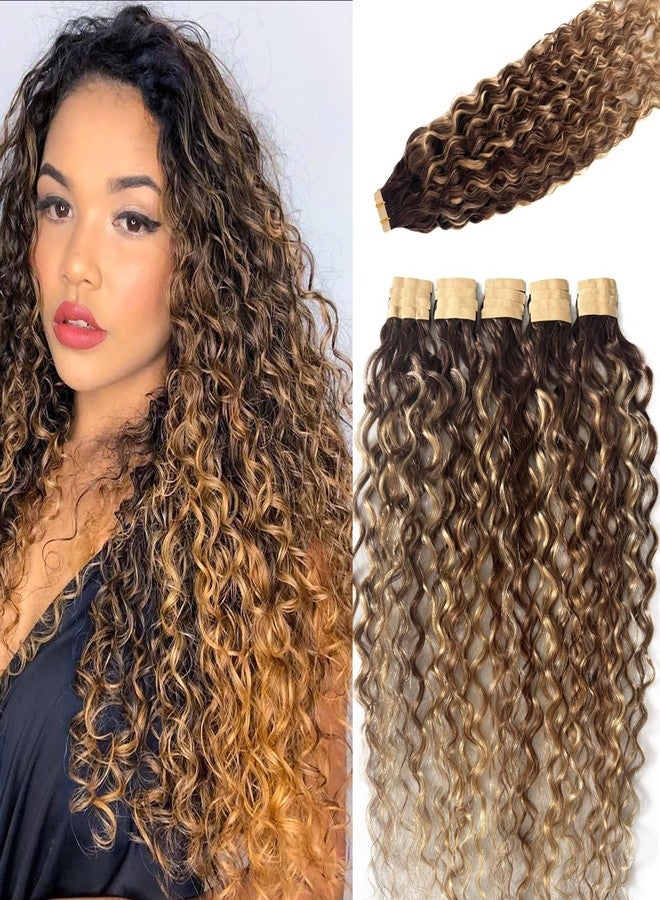 Ubetta Water Wave Tape in Hair Extensions Human Hair, Chocolate Brown Hair Extensions Balayage Honey Blonde Highlights Real Remy Human Hair Tape ins, 16 Inch 50g/pack 20pcs Invisible Tape Hair for Women - Image 1