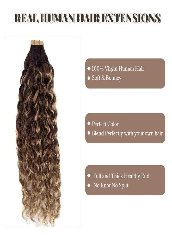 Ubetta Water Wave Tape in Hair Extensions Human Hair, Chocolate Brown Hair Extensions Balayage Honey Blonde Highlights Real Remy Human Hair Tape ins, 16 Inch 50g/pack 20pcs Invisible Tape Hair for Women - Image 2