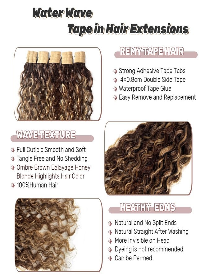 Ubetta Water Wave Tape in Hair Extensions Human Hair, Chocolate Brown Hair Extensions Balayage Honey Blonde Highlights Real Remy Human Hair Tape ins, 16 Inch 50g/pack 20pcs Invisible Tape Hair for Women - Image 5