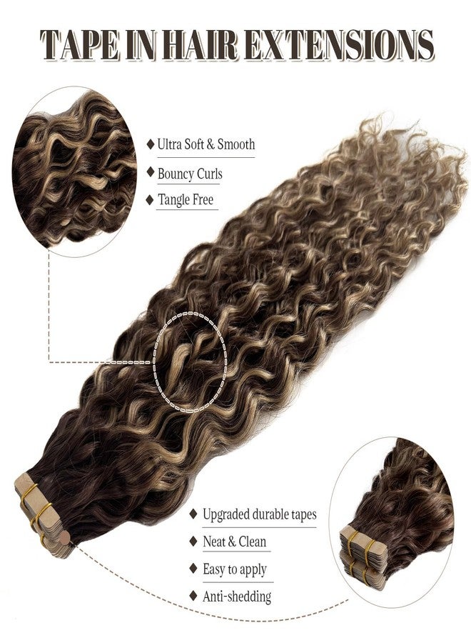 Ubetta Water Wave Tape in Hair Extensions Human Hair, Chocolate Brown Hair Extensions Balayage Honey Blonde Highlights Real Remy Human Hair Tape ins, 16 Inch 50g/pack 20pcs Invisible Tape Hair for Women - Image 3