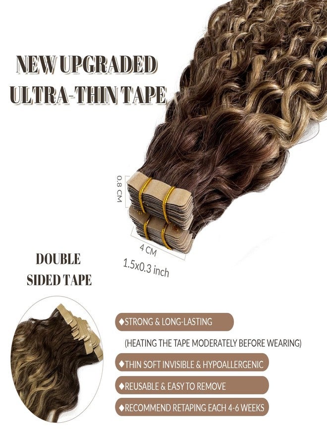 Ubetta Water Wave Tape in Hair Extensions Human Hair, Chocolate Brown Hair Extensions Balayage Honey Blonde Highlights Real Remy Human Hair Tape ins, 16 Inch 50g/pack 20pcs Invisible Tape Hair for Women - Image 4