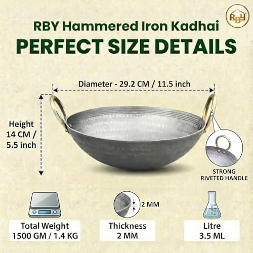 RBY 3.5 Litre (11.4 Inch / 28.8 CM) Hammered Food Grade Iron Kadai Lohe Ki Kadhai for Frying Cooking Heavy Base Smooth Edge Metal Spoon Friendly Deep Frying Pan Gas & Induction Compatible - Image 2