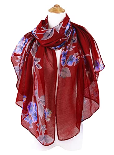 GERINLY Vintage Flower Print Scarf Rectangle Soft Head Wrap Elegant Polyester Evening Shawl Exotic Turban for Travel (Dark Wine) - Image 5