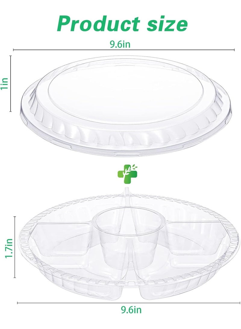 CLENEA 20 Pieces Round Appetizer Serving Trays with Lids Veggie Fruit Trays Disposable Food Storage Containers Divided Compartments Serving Containers Veggie Trays for Party (Clear,5 Grids) - Image 2