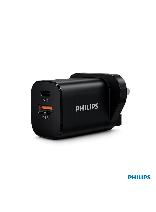 Philips 30W GaN Wall Charger Dual Port USB-C PD & USB-A QC 3.0 Fast Charging Adapter - Black - Image 1