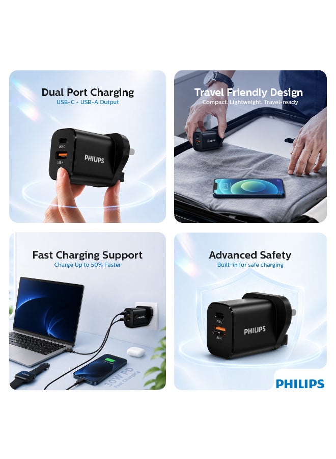 Philips 30W GaN Wall Charger Dual Port USB-C PD & USB-A QC 3.0 Fast Charging Adapter - Black - Image 2