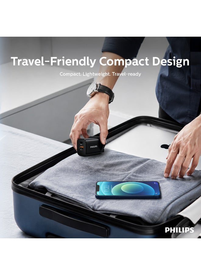 Philips 30W GaN Wall Charger Dual Port USB-C PD & USB-A QC 3.0 Fast Charging Adapter - Black - Image 3