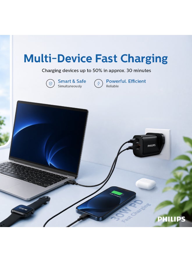 Philips 30W GaN Wall Charger Dual Port USB-C PD & USB-A QC 3.0 Fast Charging Adapter - Black - Image 4