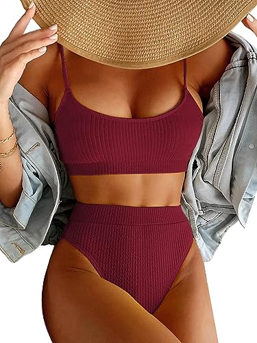 Lilosy High Waisted Tummy Control Bikini Ribbed Sporty Brazilian Swimsuit Set Women Highwaisted Cheeky Cut Leg Rise Bottom Crop Push Up Top 2 Piece Bathing Suit Burgundy Red Medium - Image 1