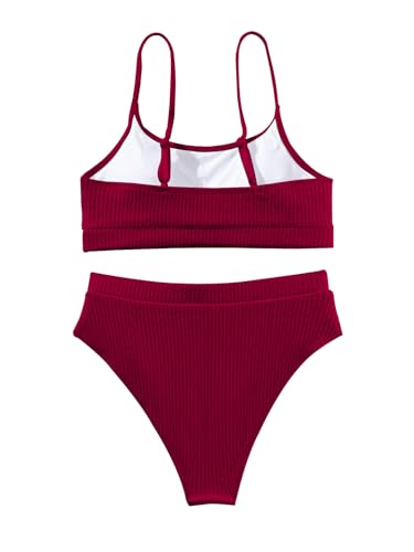 Lilosy High Waisted Tummy Control Bikini Ribbed Sporty Brazilian Swimsuit Set Women Highwaisted Cheeky Cut Leg Rise Bottom Crop Push Up Top 2 Piece Bathing Suit Burgundy Red Medium - Image 5