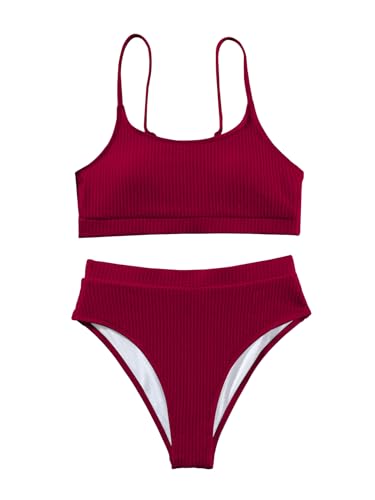 Lilosy High Waisted Tummy Control Bikini Ribbed Sporty Brazilian Swimsuit Set Women Highwaisted Cheeky Cut Leg Rise Bottom Crop Push Up Top 2 Piece Bathing Suit Burgundy Red Medium - Image 4