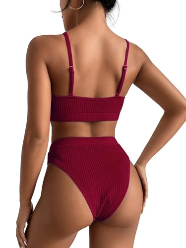 Lilosy High Waisted Tummy Control Bikini Ribbed Sporty Brazilian Swimsuit Set Women Highwaisted Cheeky Cut Leg Rise Bottom Crop Push Up Top 2 Piece Bathing Suit Burgundy Red Medium - Image 3