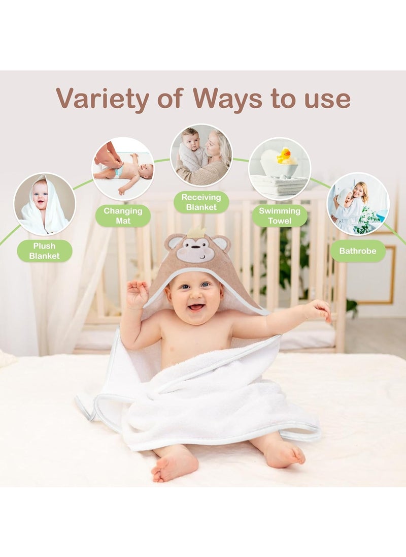 Mothers Choice - Hooded Baby Towel Monkey 3D Ears -100% Cotton Baby Towel -Soft & Snuggly Baby Towel - 84x84 cm- Newborn to 4 Years - White/Beige - Image 1