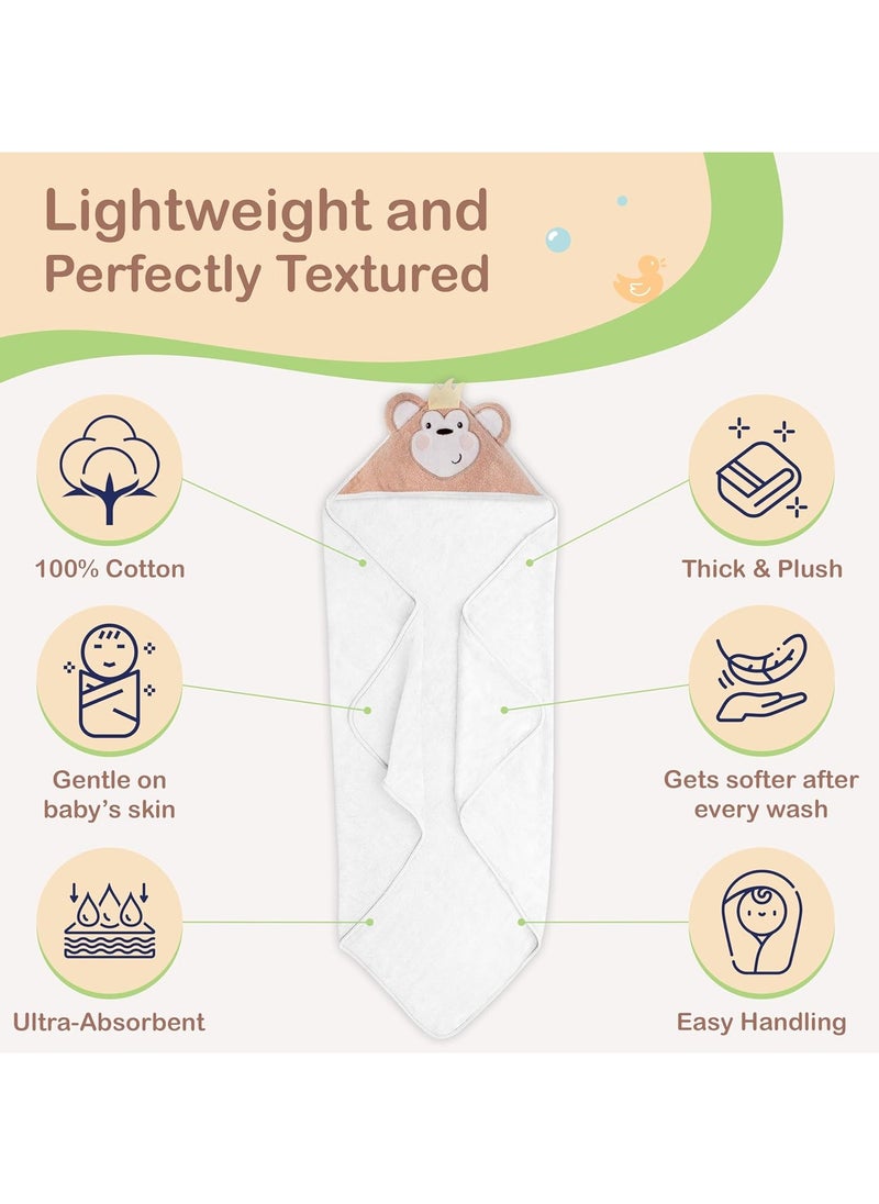 Mothers Choice - Hooded Baby Towel Monkey 3D Ears -100% Cotton Baby Towel -Soft & Snuggly Baby Towel - 84x84 cm- Newborn to 4 Years - White/Beige - Image 1