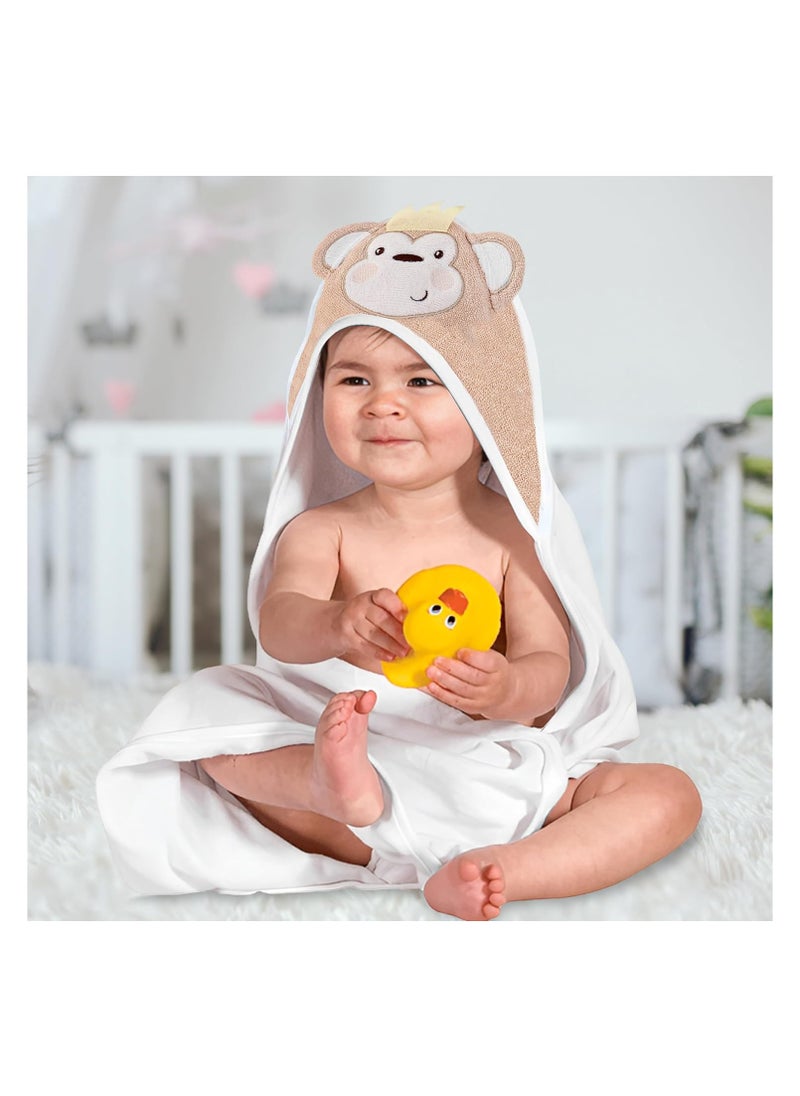 Mothers Choice - Hooded Baby Towel Monkey 3D Ears -100% Cotton Baby Towel -Soft & Snuggly Baby Towel - 84x84 cm- Newborn to 4 Years - White/Beige - Image 1