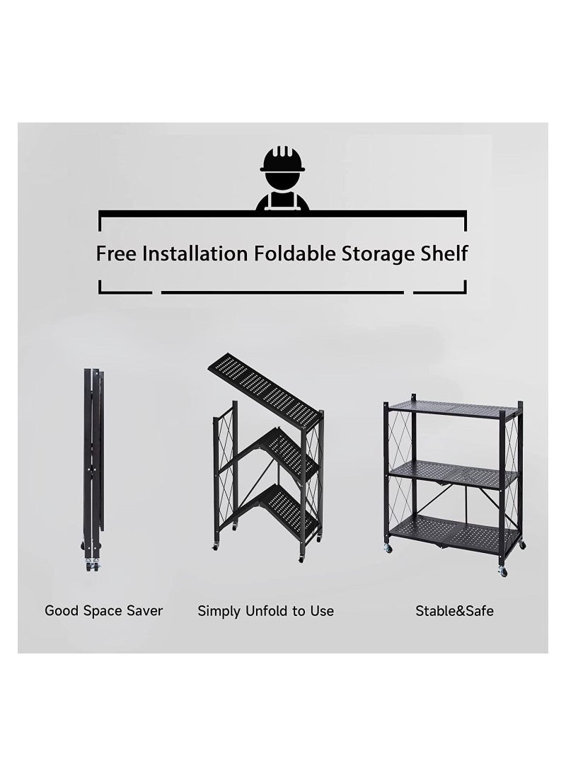 co arma - Space Saving 3-Tier Folding Storage Shelf Cart With Wheels Black - Image 1