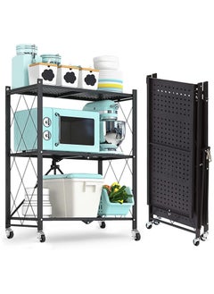 co arma Space Saving 3-Tier Folding Storage Shelf Cart With Wheels Black  - Image 1